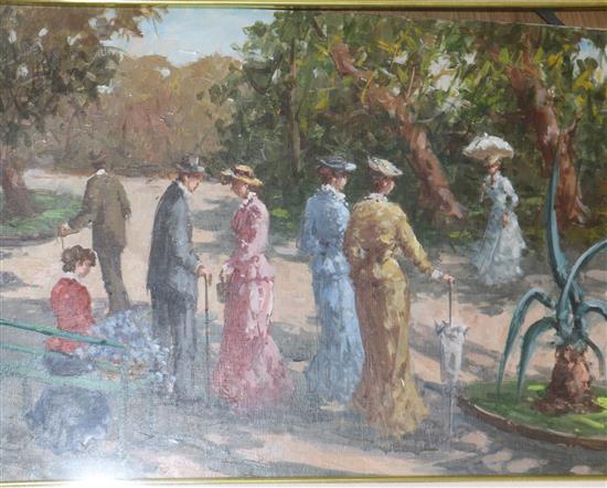 Liberti, oil on canvas laid on board, figures in a park 28 x 38cm